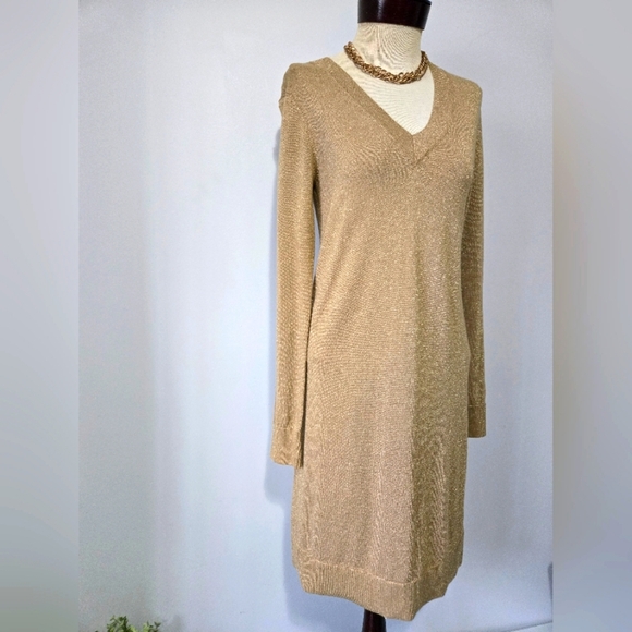 Michael Kors Lightweight Metallic Gold Knit V Neck Midi Dress. Size Small - Picture 3 of 13
